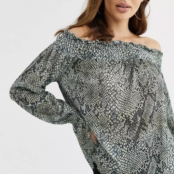 ASOS Shirred Bardot Snakeskin Print Long Sleeve Boxy Fit Sheer Blouse - Picture 2 of 8